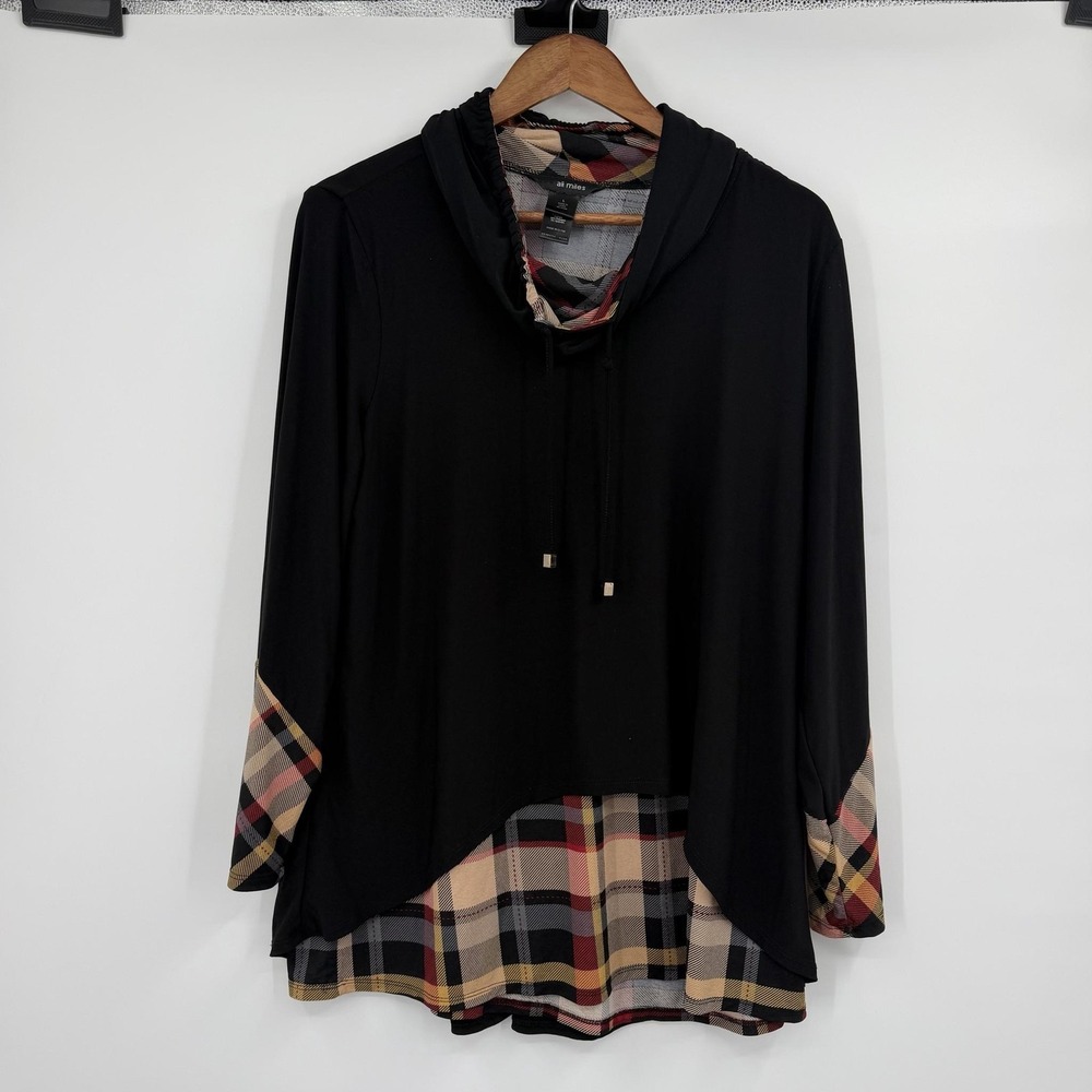 Ali Miles Tunic Womens Large Black Cowl Neck Long Sleeve Plaid Jersey Relaxed
